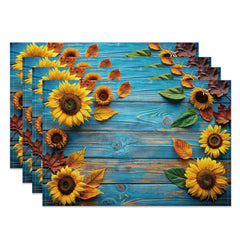 Aperturee - Aperturee Sunflower Retro Blue Wood Grain Set Of 4 Placemats