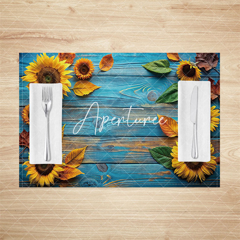 Aperturee - Aperturee Sunflower Retro Blue Wood Grain Set Of 4 Placemats