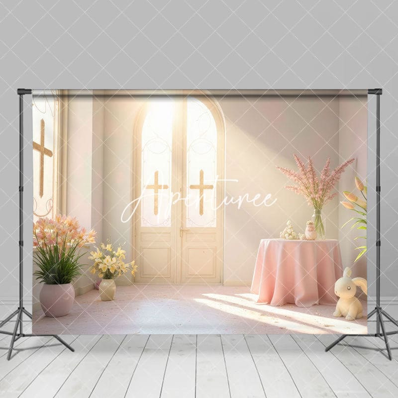 Aperturee - Aperturee Sunlight Room Cross Floral Rabbit Easter Backdrop