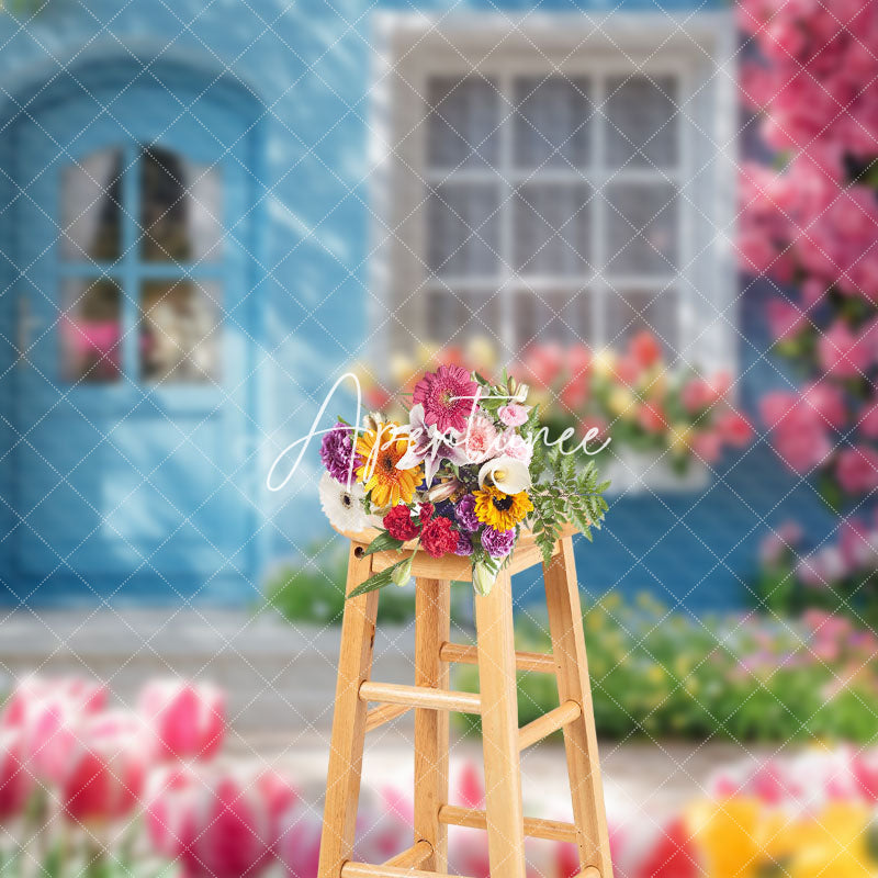 Aperturee - Aperturee Sunlight Spring Blue Cabin Colorful Floral Backdrop