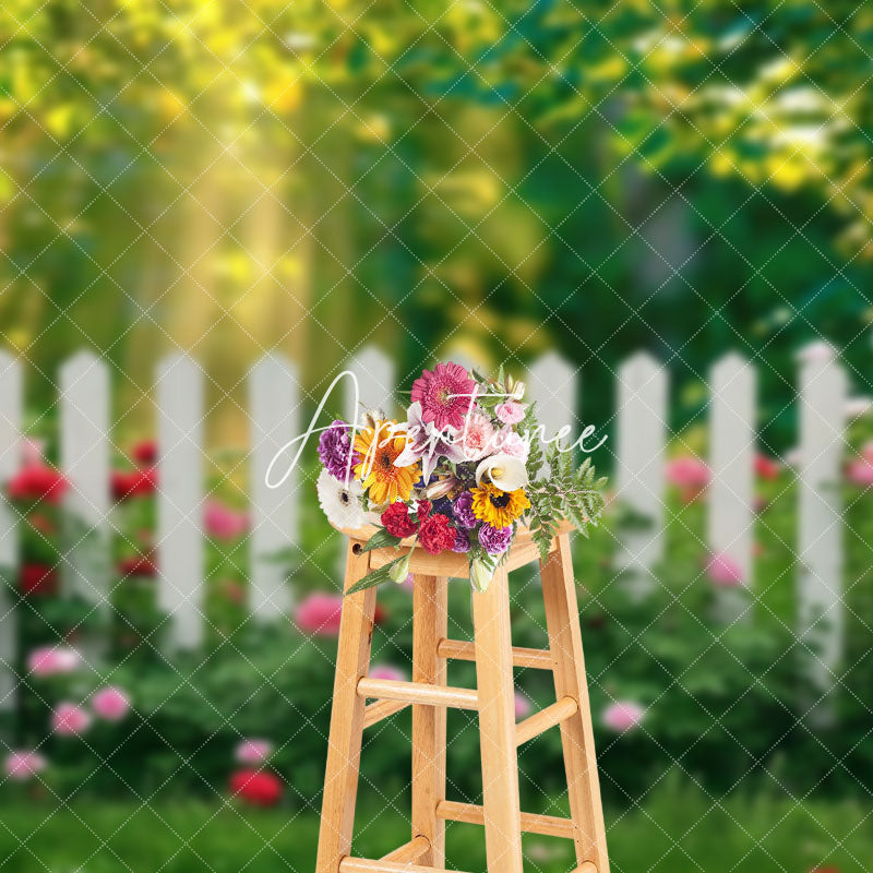 Aperturee - Aperturee Sunlight Spring Greenery Floral Garden Fence Backdrop