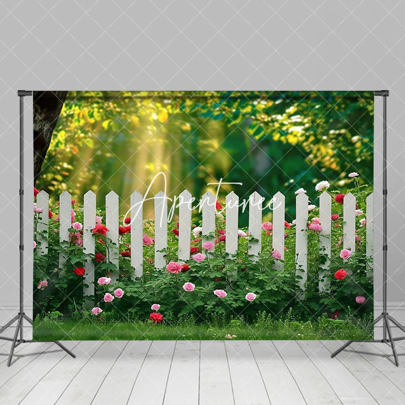 Aperturee - Aperturee Sunlight Spring Greenery Floral Garden Fence Backdrop