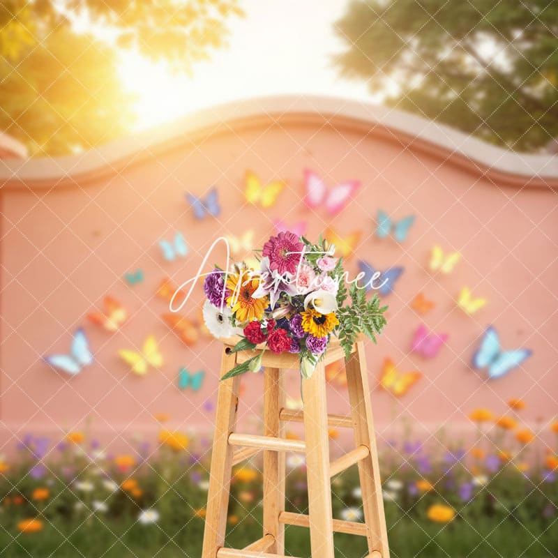 Aperturee - Aperturee Sunlight Spring Pink Butterfly Wall Floral Backdrop