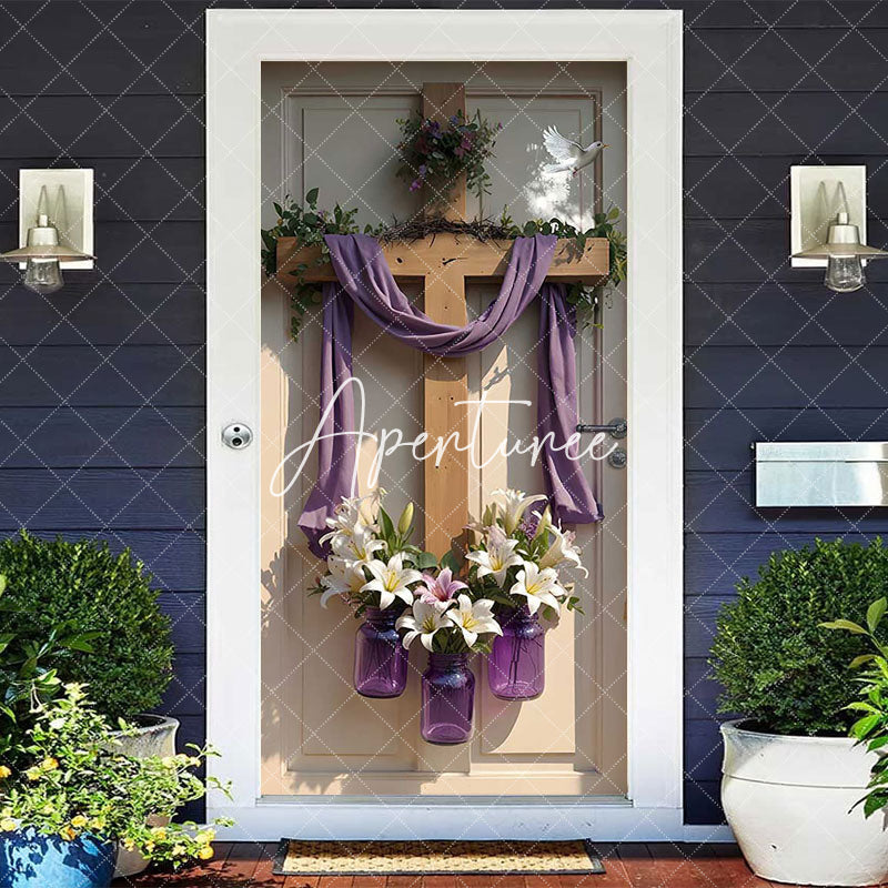 Aperturee - Aperturee Sunlight Wood Cross White Floral Easter Door Cover