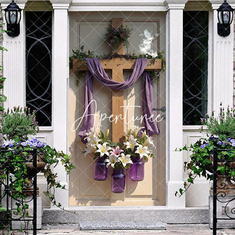 Aperturee - Aperturee Sunlight Wood Cross White Floral Easter Door Cover