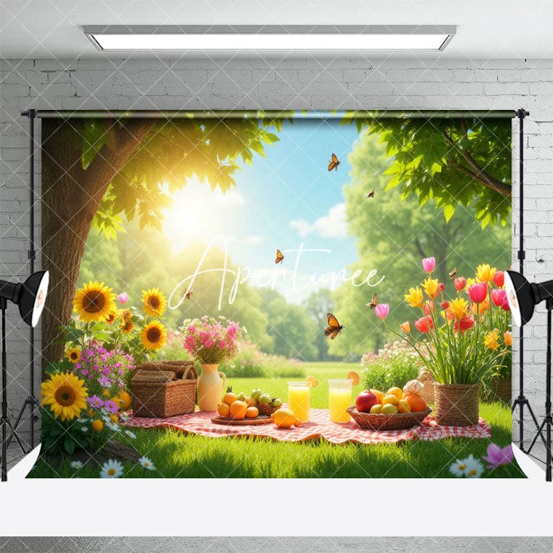 Aperturee - Aperturee Sunny Green Forest Floral Fruit Summer Scene Backdrop