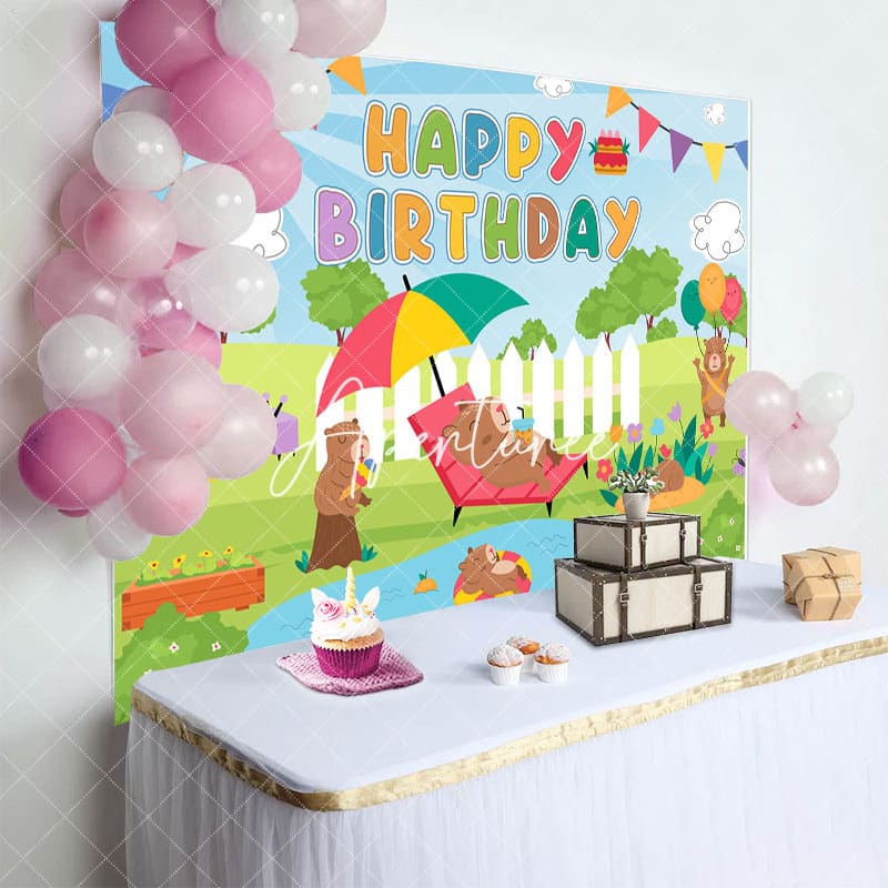 Aperturee - Aperturee Sunny Park Swimming Pool Groundhog Birthday Backdrop