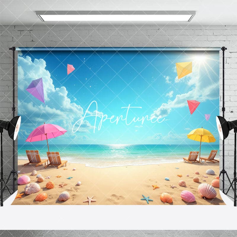 Aperturee - Aperturee Sunny Summer Sandy Beach Kite Shells Photo Backdrop