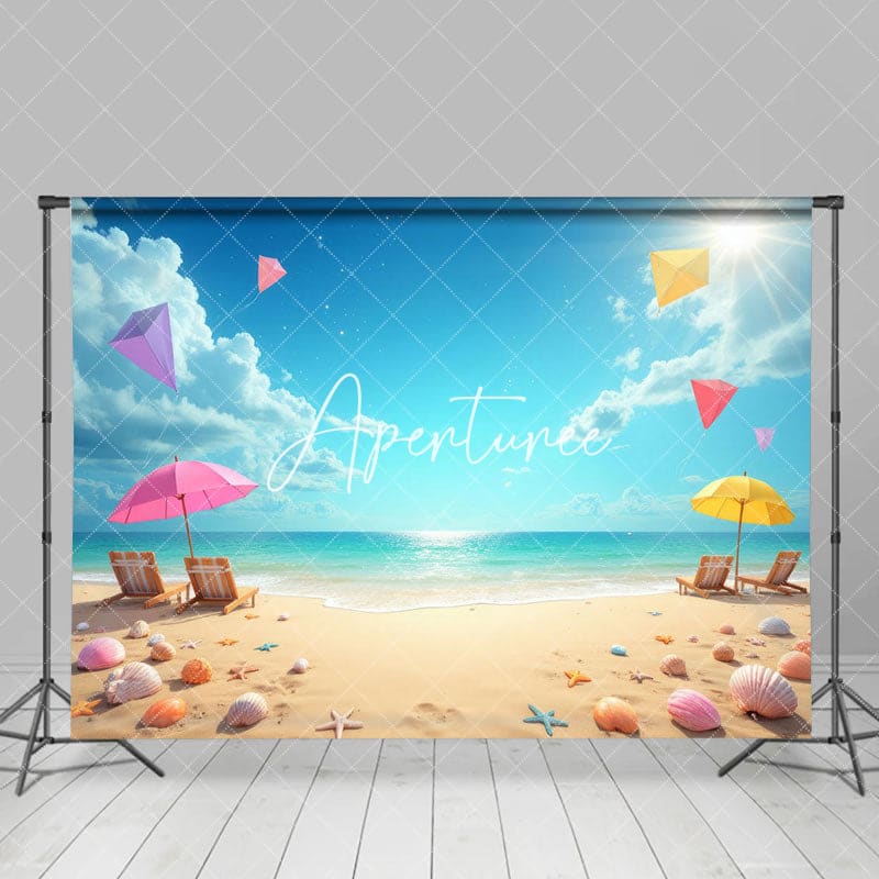 Aperturee - Aperturee Sunny Summer Sandy Beach Kite Shells Photo Backdrop