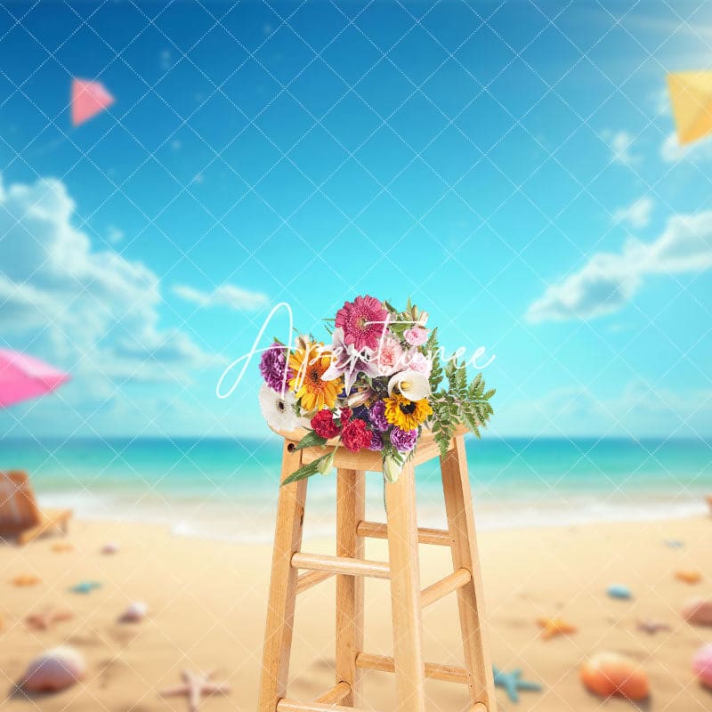 Aperturee - Aperturee Sunny Summer Sandy Beach Kite Shells Photo Backdrop