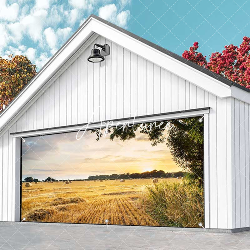 Aperturee - Aperturee Sunset Autumn Golden Field Harvest Garage Door Banner