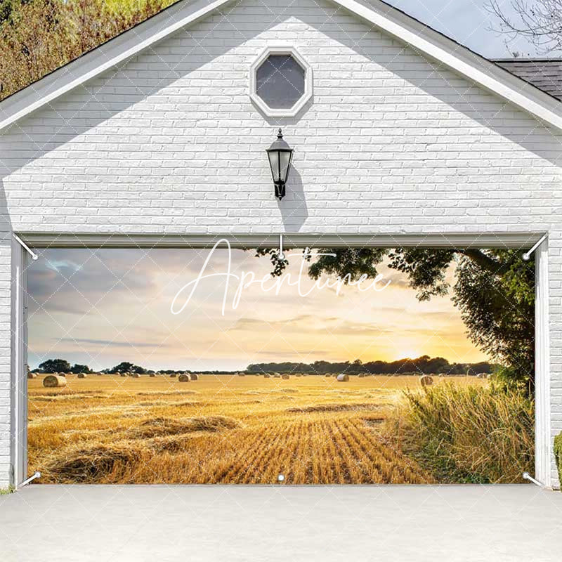 Aperturee - Aperturee Sunset Autumn Golden Field Harvest Garage Door Banner