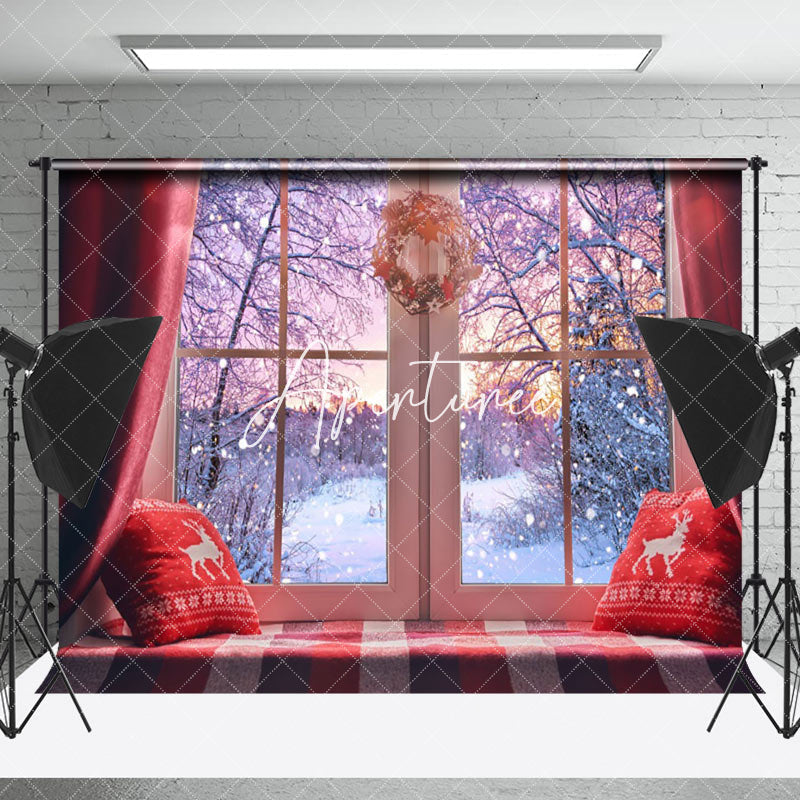 Aperturee - Aperturee Sunset Forest Cozy Bay Window Christmas Backdrop