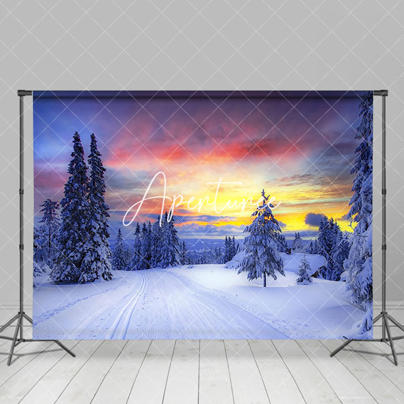 Aperturee - Aperturee Sunset Glow Winter Snowy Field Trees Photo Backdrop