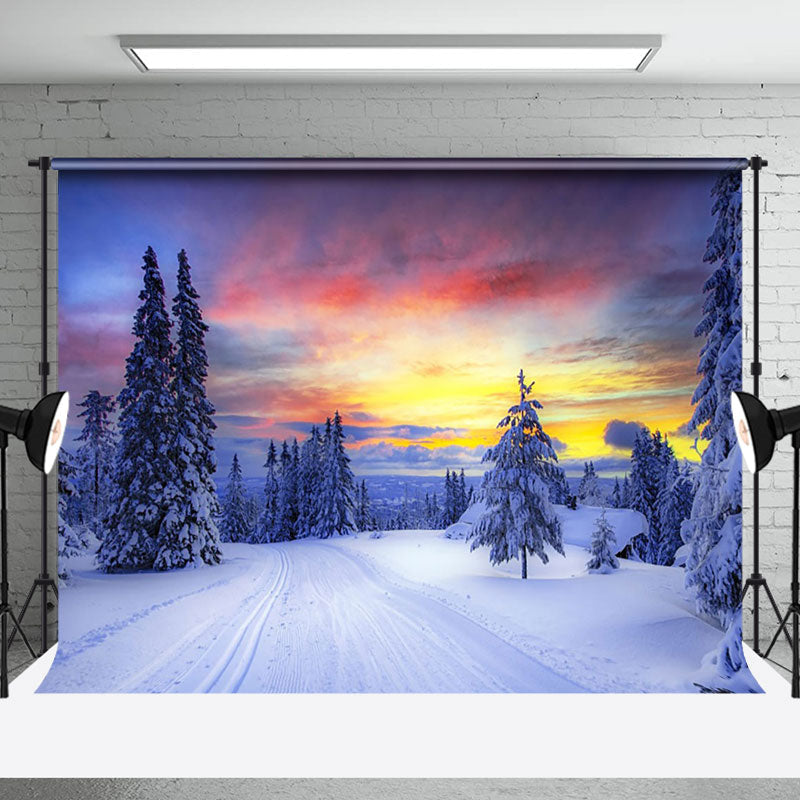 Aperturee - Aperturee Sunset Glow Winter Snowy Field Trees Photo Backdrop