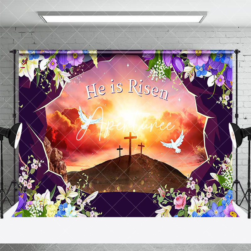 Aperturee - Aperturee Sunset Hills Cross Floral He Is Risen Easter Backdrop