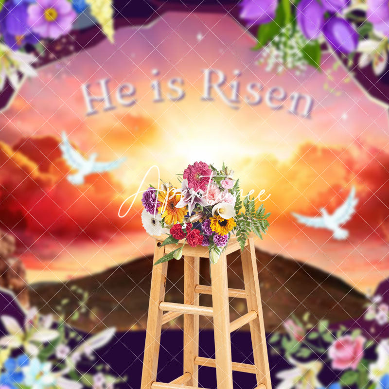 Aperturee - Aperturee Sunset Hills Cross Floral He Is Risen Easter Backdrop