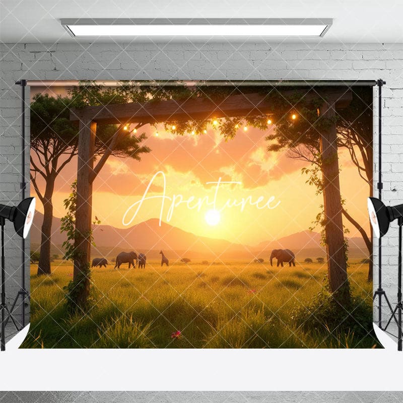 Aperturee - Aperturee Sunset Prairie Elephant Herd Natural Scene Backdrop