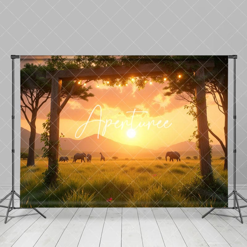 Aperturee - Aperturee Sunset Prairie Elephant Herd Natural Scene Backdrop