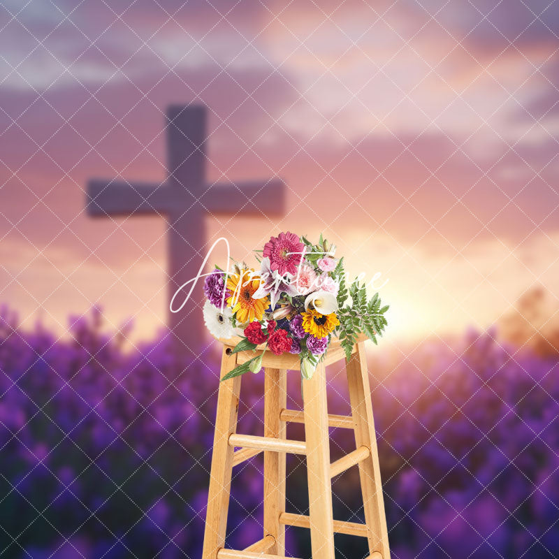 Aperturee - Aperturee Sunset Sky Cross Purple Floral Field Easter Backdrop