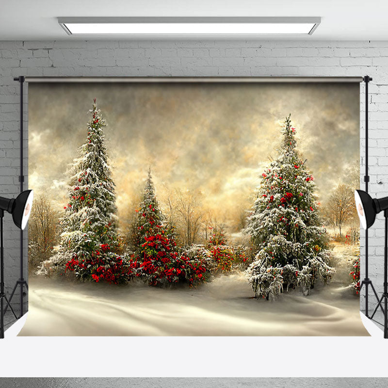 Aperturee - Aperturee Sunset Snowy Pine Trees Festive Christmas Backdrop