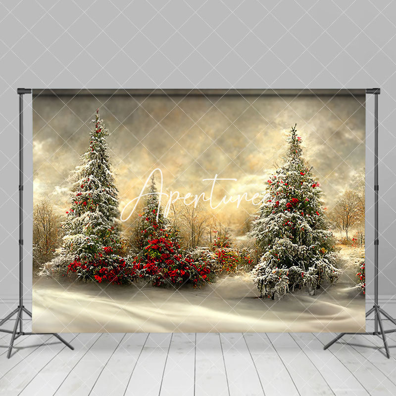 Aperturee - Aperturee Sunset Snowy Pine Trees Festive Christmas Backdrop