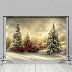 Aperturee - Aperturee Sunset Snowy Pine Trees Festive Christmas Backdrop