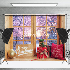 Aperturee - Aperturee Sunset Snowy Scene Wooden Window Christmas Backdrop