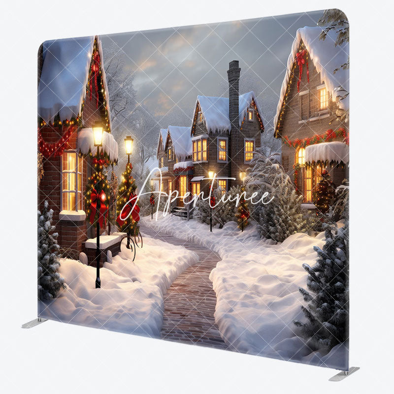 Aperturee - Aperturee Sunset Snowy Town Street Christmas Tension Backdrop