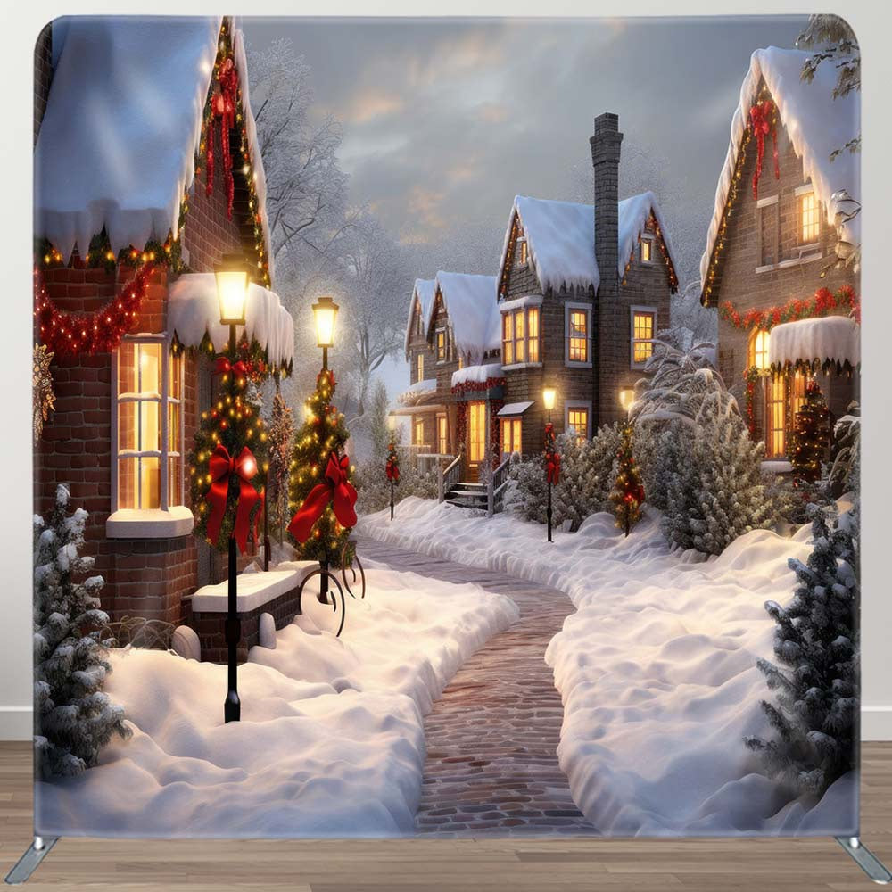 Aperturee - Aperturee Sunset Snowy Town Street Christmas Tension Backdrop