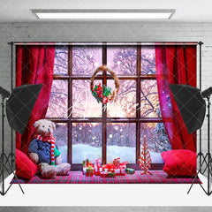 Aperturee - Aperturee Sunset Snowy Window Scene Merry Christmas Backdrop