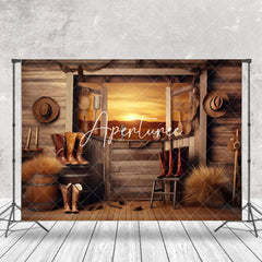 Aperturee - Aperturee Sunset Western Cowboy Cabin Hay Boots Wood Backdrop