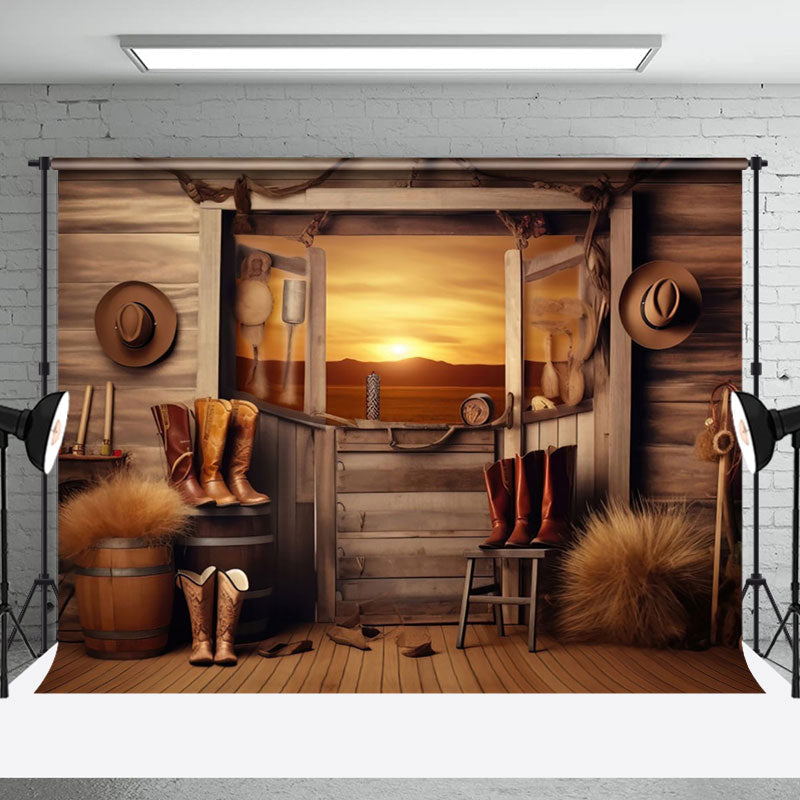 Aperturee - Aperturee Sunset Western Cowboy Cabin Hay Boots Wood Backdrop