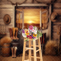 Aperturee - Aperturee Sunset Western Cowboy Cabin Hay Boots Wood Backdrop