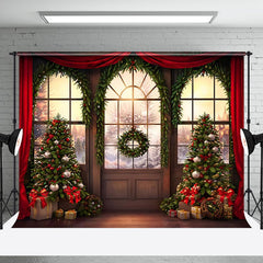 Aperturee - Aperturee Sunset Winter Forest Arch Window Wreath Xmas Backdrop