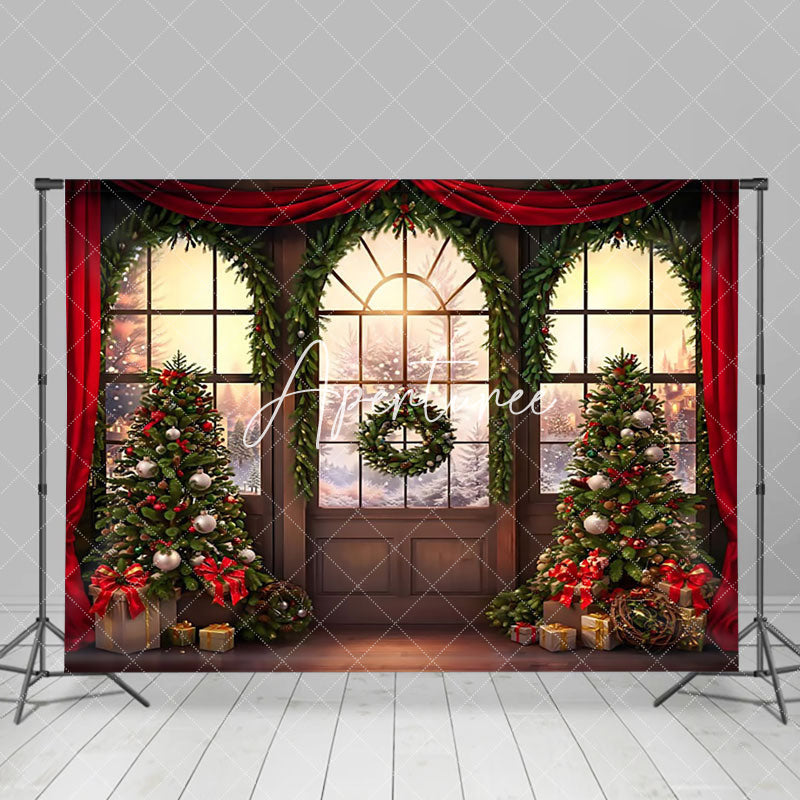 Aperturee - Aperturee Sunset Winter Forest Arch Window Wreath Xmas Backdrop