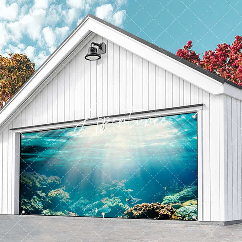 Aperturee - Aperturee Sunshine Blue Undersea Coral Fish Garage Door Banner