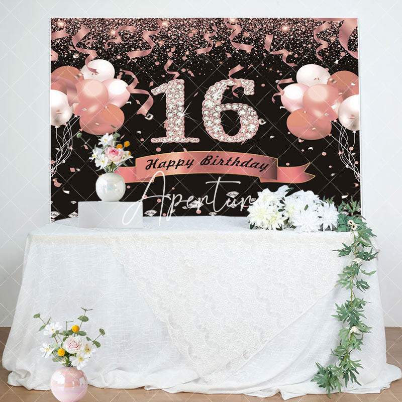 Aperturee - Aperturee Sweet 16 Pink Black Glitter Balloon Birthday Backdrop