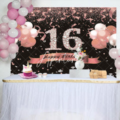 Aperturee - Aperturee Sweet 16 Pink Black Glitter Balloon Birthday Backdrop