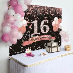 Aperturee - Aperturee Sweet 16 Pink Black Glitter Balloon Birthday Backdrop