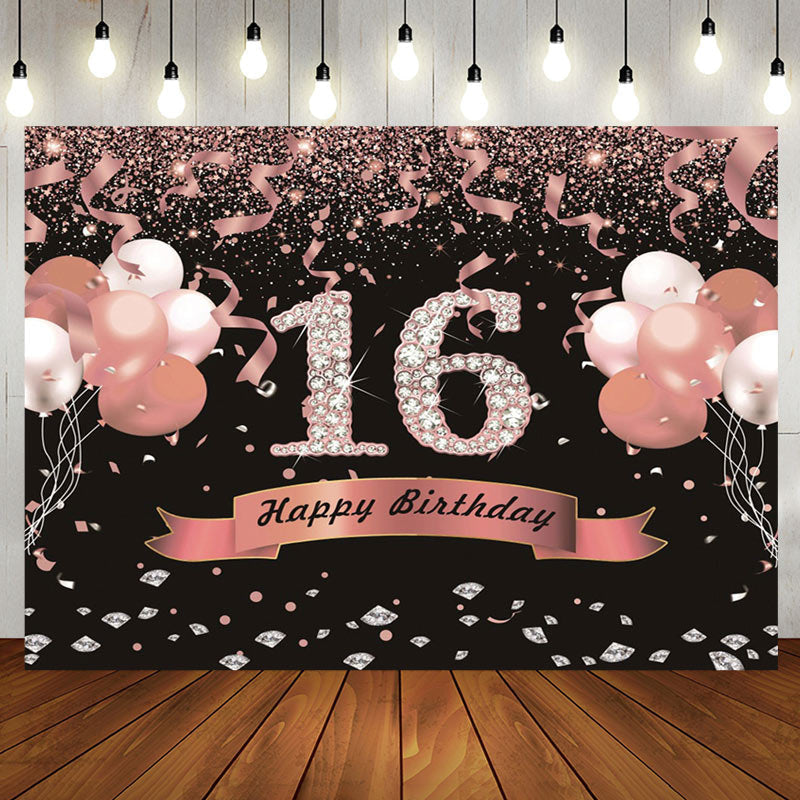 Aperturee - Aperturee Sweet 16 Pink Black Glitter Balloon Birthday Backdrop