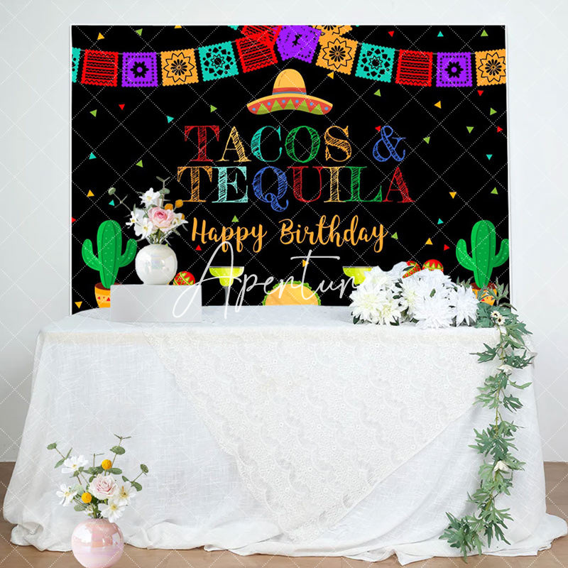 Aperturee - Aperturee Tacos Tequila Colorful Flags Happy Birthday Backdrop