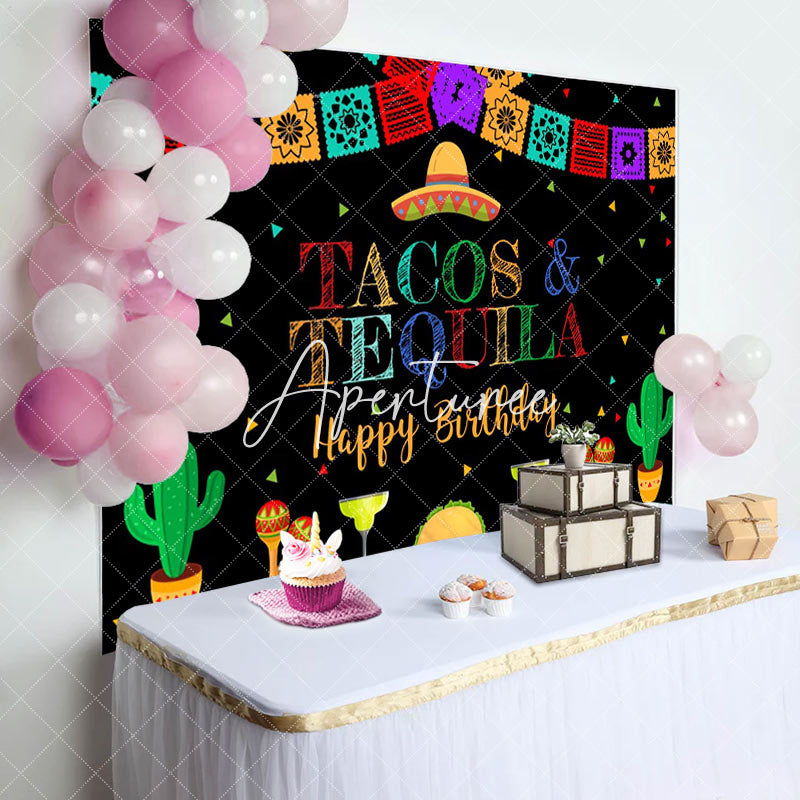 Aperturee - Aperturee Tacos Tequila Colorful Flags Happy Birthday Backdrop