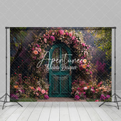 Aperturee - Aperturee Teal Garen Door Floral Natural Scene Spring Backdrop