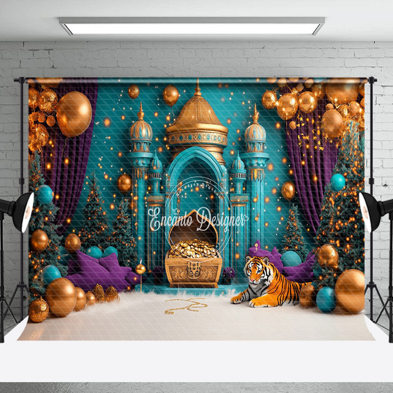 Aperturee - Aperturee Teal Islamic Architecture Tiger Cake Smash Backdrop