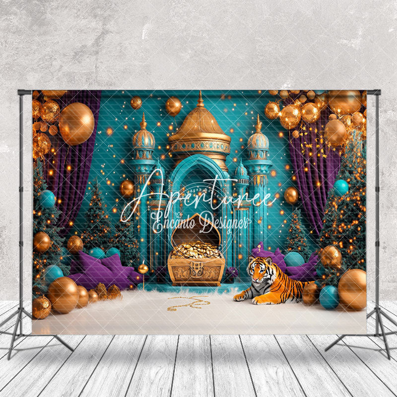 Aperturee - Aperturee Teal Islamic Architecture Tiger Cake Smash Backdrop