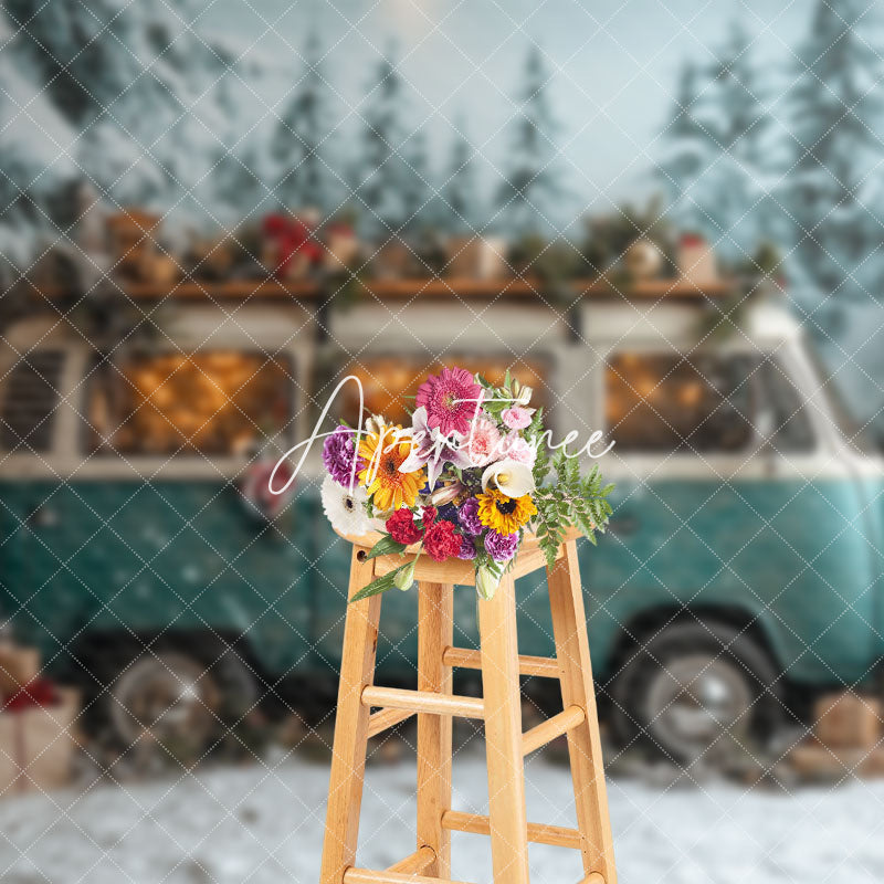 Aperturee - Aperturee Teal Minibus Snowy Pine Forest Christmas Backdrop