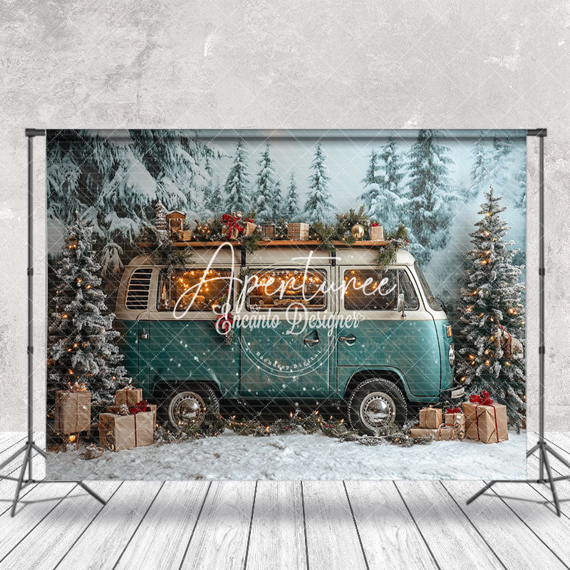 Aperturee - Aperturee Teal Minibus Snowy Pine Forest Christmas Backdrop