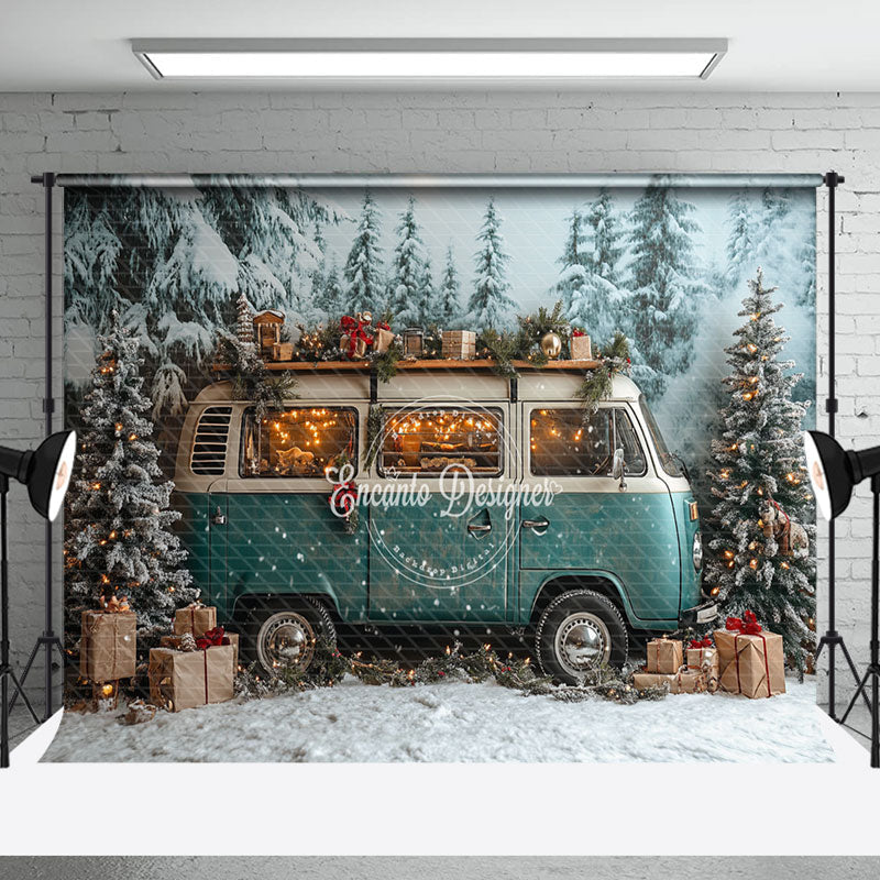 Aperturee - Aperturee Teal Minibus Snowy Pine Forest Christmas Backdrop