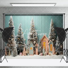 Aperturee - Aperturee Teal Wall Pine Trees House Christmas Photo Backdrop